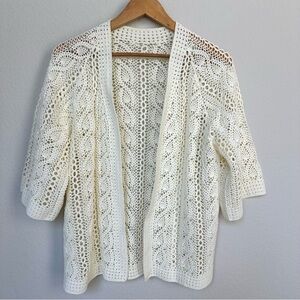 Crocheted Open Front Cardigan Cream M - L